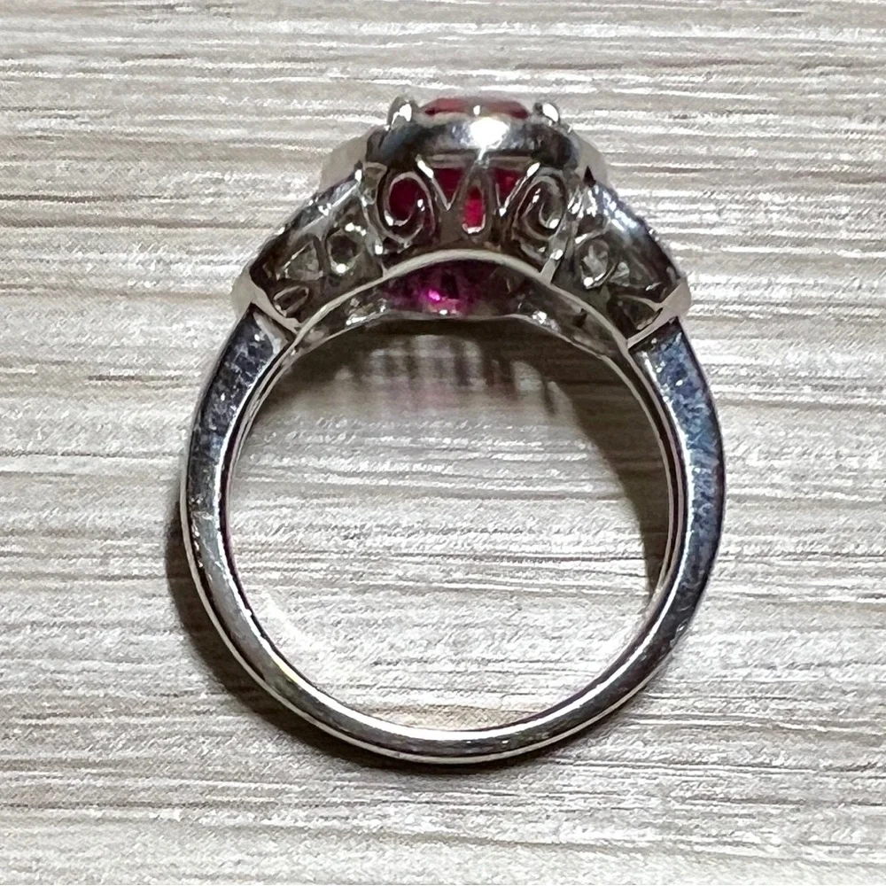 Designer Signed FE Sterling Silver Red & Clear Cubic Zirconia Halo Ring, Size 7 - Picture 7 of 11